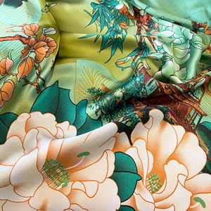Elegant light green silk scarf featuring traditional Chinese floral and pavilion prints
