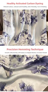 Detail of silk-like scarf showing deep blue peony floral print and fine hemmed edges