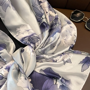 Elegant floral silk scarf in silver gray with purple and blue flower prints for women