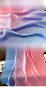Detail of gradient silk scarf showing fine edge stitching and smooth satin texture