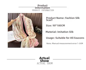 Detail of 90x180cm faux silk scarf showing pink floral prints on a beige background