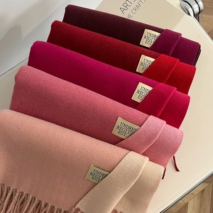 Detailed view of red and pink cashmere-like scarves with fringe and gold metal tags