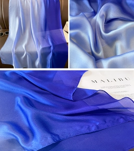 Detail of elegant gradient blue satin scarf showing smooth texture and luxury silk luster