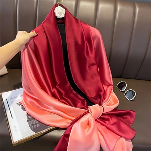 Elegant red-pink gradient satin silk scarf with camellia and magazine styling