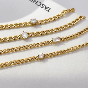 18K gold plated titanium chain bracelets with teardrop and square cubic zirconia gems
