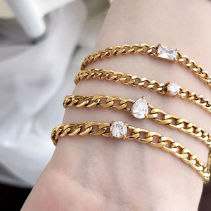 Cubic Zirconia Bracelet Titanium Steel 18K Gold Plated Water Drop Round Square CZ Curb Chain Adjustable Jewelry For Women