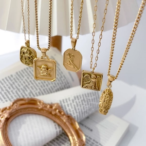 Vintage gold-plated titanium steel necklaces with angel and horse relief pendants