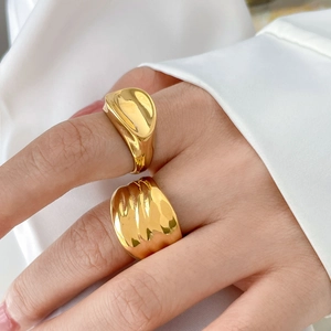Polished 18K gold plated chunky stainless steel rings with minimalist concave fold design