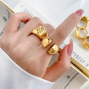 Polished 18K gold plated stainless steel chunky wave and flat ring set for women
