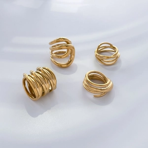 Minimalist multi-layer 18K gold plated spiral rings set with abstract curved lines
