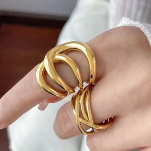 Polished 18K gold plated multi-layer wrap ring with abstract crisscross curved lines