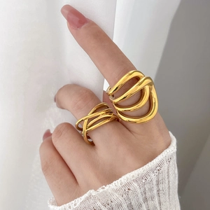 Detailed view of layered 18K gold plated titanium steel rings on model hand