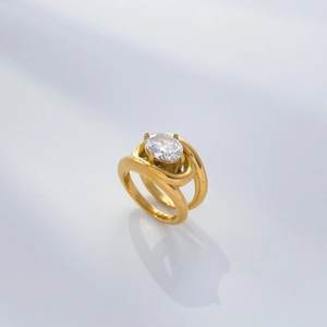 Detail of 18K gold plated multi-layer ring with large oval-cut zircon stone