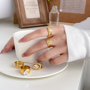 18K Gold Plated Titanium Steel Ring For Women With Oval Waterdrop Zircon Multi Layer Spiral Wide Surface Fashion Jewelry