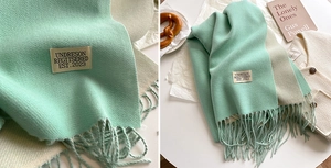 Detail of double-sided knit scarf with fringe edge and mint green cashmere-like texture