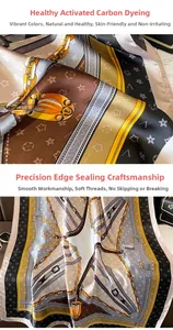 Detail of silk-like scarf with chain monogram pattern and precise stitching on edges