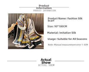 Detail view of faux silk scarf 90x180cm featuring golden chain and geometric prints