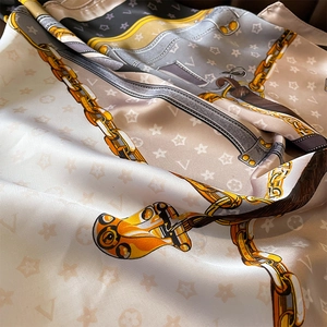 Fashionable chain print faux silk square scarf with vintage monogram in beige and brown