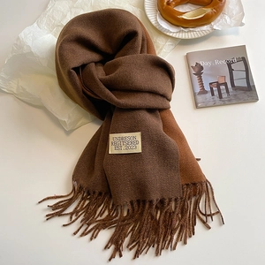 Close-up of double-sided cashmere-like scarf with fringe details and woven brand label