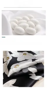 Detail of premium mulberry silk scarf with white magnolia flowers and natural cocoons