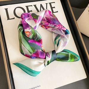 Iris Flower Print Square Scarf Mulberry Satin Elegant Neckerchief For Women Oil Painting Style Fashion Accessory