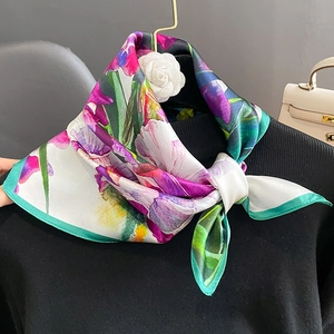 Fashion oil painting silk square scarf with purple iris floral print and camellia accessory