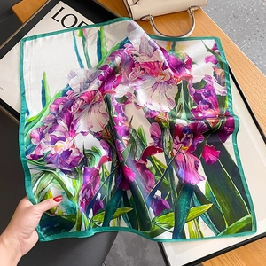 Fashionable floral oil painting silk square scarf with purple iris and green borders