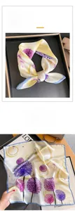 Détail d'un carré de soie avec imprimé floral violet dans un coffret cadeau élégant