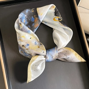 Foulard Carré Élégant En Satin De Mûrier Imprimé Artistique Peinture À L'huile Accessoire Mode Femme