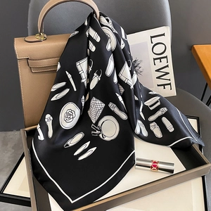 Elegant black and white 70cm silk square scarf featuring fashion accessory illustrations