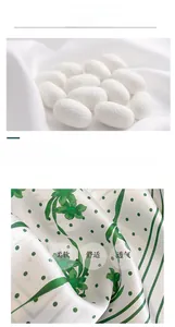 Détail des cocons de soie brute et du tissu en soie douce avec imprimé floral vert