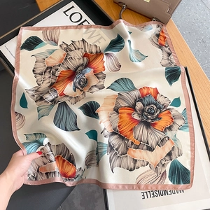Elegant silk floral square scarf with vintage orange and green prints for women