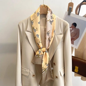 Femme Écharpe Étroite Soyeuse Polyester Satin Imprimé Fleuri Élégant Bureau Foulard Accessoire Cheveux Mode