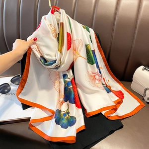 Women Fashion Long Scarf Faux Satin Ginkgo Leaf Print Sun Protection Beach Shawl Elegant Wrap
