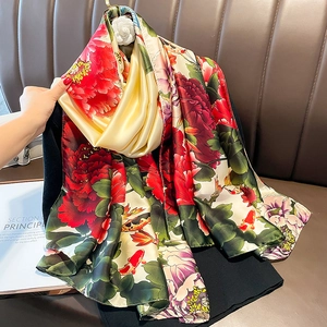 Women Long Faux Satin Scarf Peony Flower Print Shawl Elegant Chinese Style Satin Neck Head Wrap Sun Protection