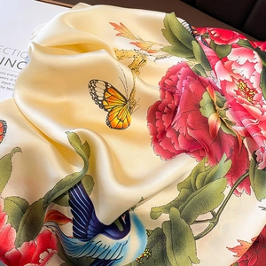 Elegant silk scarf with floral peony and butterfly print in smooth satin fabric