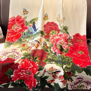 Satin silk scarf with traditional Chinese peony flower and koi fish print on cream base