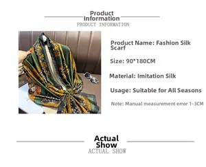 Detail of 90x180cm silk-like scarf featuring vintage ethnic patterns in dark green and gold