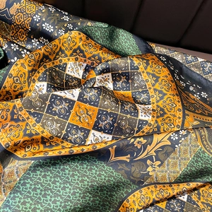 Elegant oversized floral print silk scarf featuring retro baroque patterns and satin finish