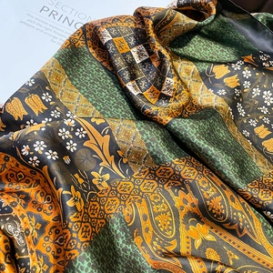 Large floral paisley patchwork silk scarf in vintage green and orange tones