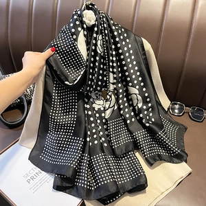 Polka Dot Floral Scarf Women Faux Satin Shawl Long Wrap French Retro Sun Protection Elegant Satin Accessory