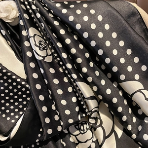 French style polka dot silk scarf with large camellia print and satin finish texture