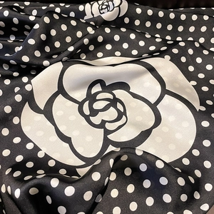 Polka dot beach shawl with large white camellia flower in silky black and white fabric