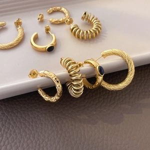 Boucles D'Oreilles Créoles En C Vintage Français Acier Titane Pierre Noire Torsadée Ressort Cratère Bijoux Plaqué Or Femmes