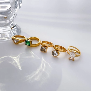 Geometric Zircon Rings Stainless Steel 18K Gold Plated Emerald Square Triangle Oval Rhinestone Jewelry For Women
