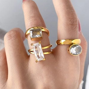 18K gold plated titanium rings with geometric square, rectangle and oval zircon stones