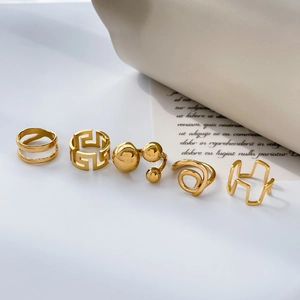 Bagues En Acier Inoxydable Géométriques Pour Femmes Plaquées Or Ajourées Clé Grecque Sphère Double Couche Bijoux De Doigt