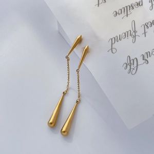 Polished gold drop earrings featuring a sleek cone stud, long chain, and waterdrop pendant