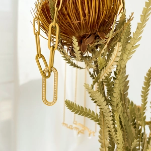 Détail du maillon de chaîne trombone dorée avec oxydes de zirconium sur collier chic