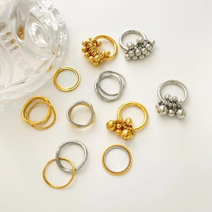 Women Double Layer Curved Wave Ring Stainless Steel 18K Gold Plated Geometric Bead Cluster Vintage Minimalist Band Jewelry